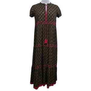 Fusion Printed Cultural Boho Tiered Paisley Midi Dress Olive/Pink Medium NWT